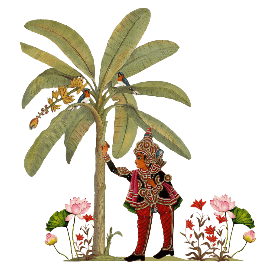 Traditional Indian art illustration with figure under banana tree
